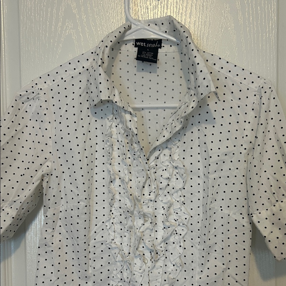 Wet Seal White Polka Dot Ruffle Front Blouse - Picture 3 of 5